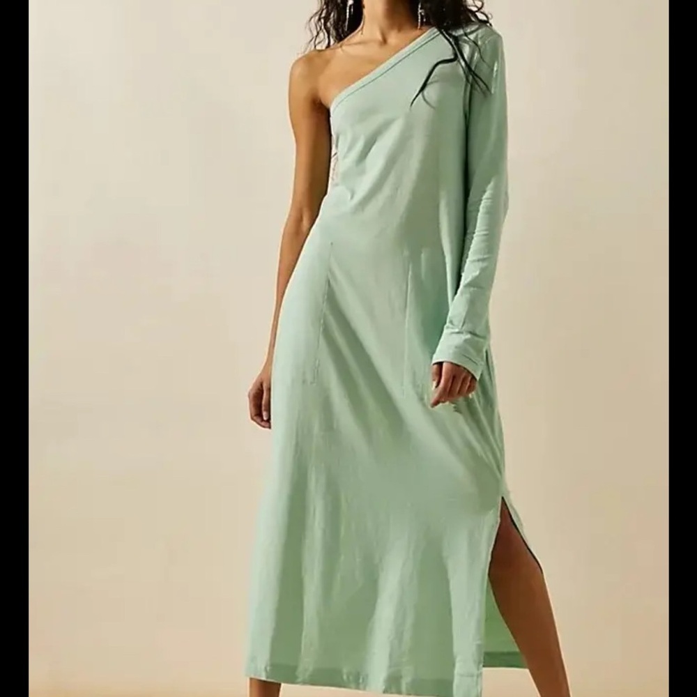Free People Green Ruched One Shoulder Sundress